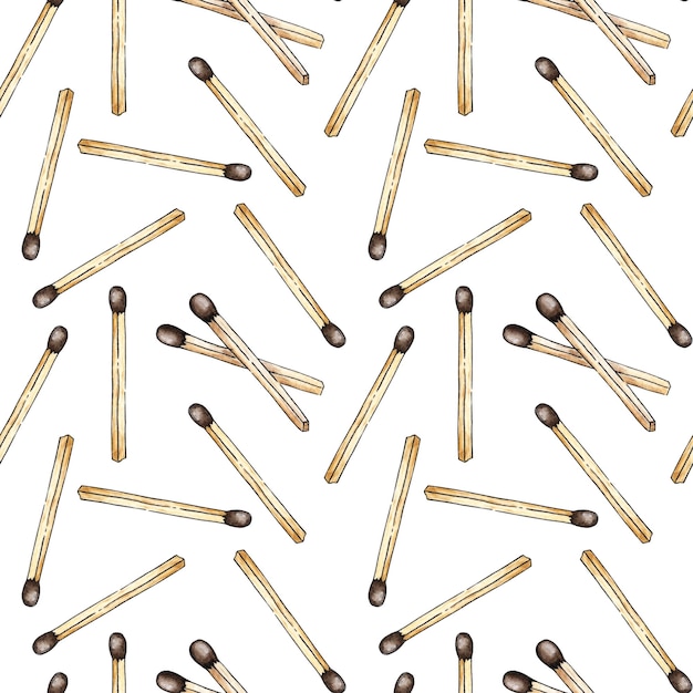 Watercolor illustration of a pattern of placer matches abstraction Get the flame Light the fire Burnt wooden stick Hand drawn doodles isolated on white background Drawn by hand