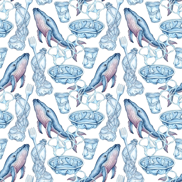 Watercolor illustration pattern of whale and plastic garbage ocean pollution with plastic waste Plastic products are recyclable Isolated on white background Ecological problem Plastic bottles