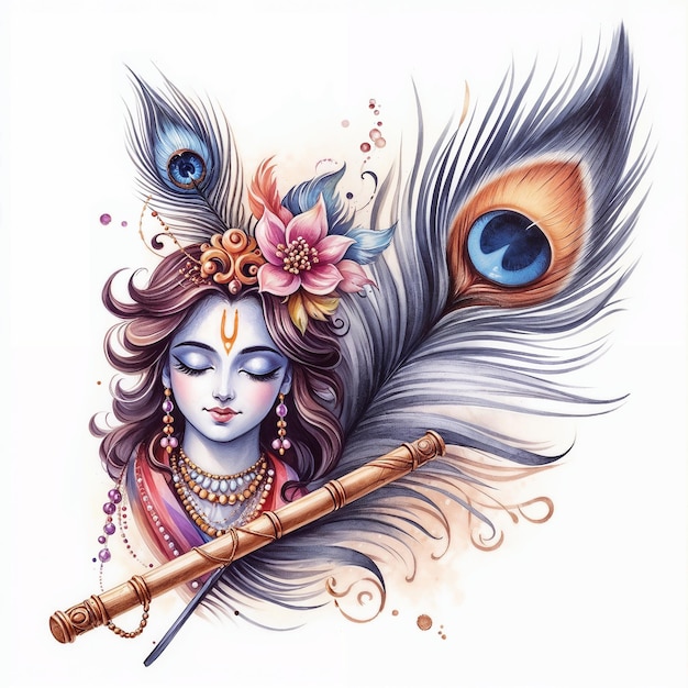 Photo watercolor illustration peacock feather and flute with lord krishna