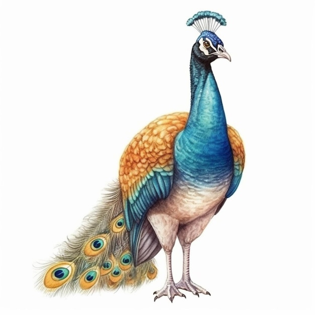 A watercolor illustration of a peacock with a blue tail.