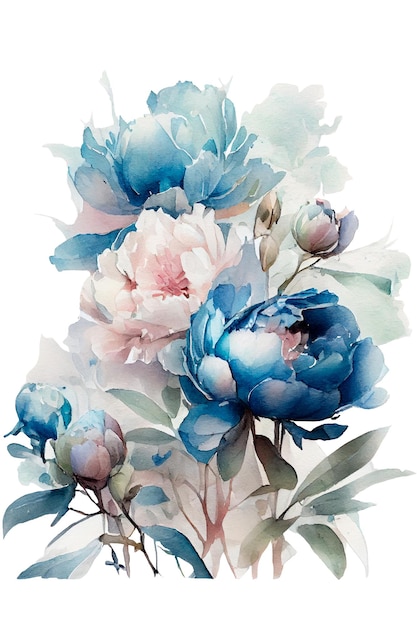 Watercolor illustration peony flower on a stem with buds AI Generated