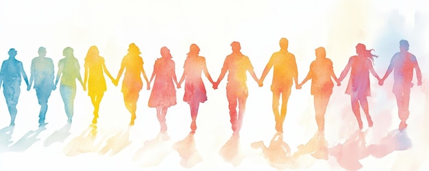 Photo watercolor illustration of people holding hands emphasizing diversity and understanding