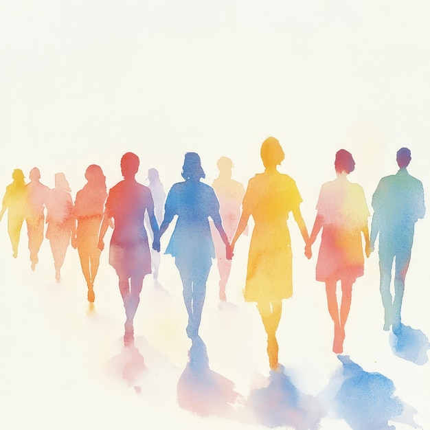 Photo watercolor illustration of people holding hands emphasizing diversity and understanding