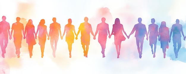 Photo watercolor illustration of people holding hands emphasizing diversity and understanding