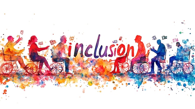 Photo watercolor illustration of people in wheelchairs with the word inclusion