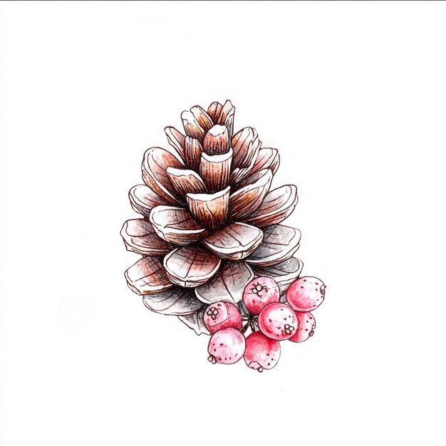 Photo watercolor illustration of a pine cone with berries