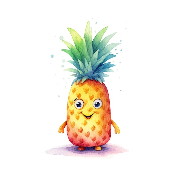 Watercolor illustration of a pineapple with a green eyes and a blue nose.