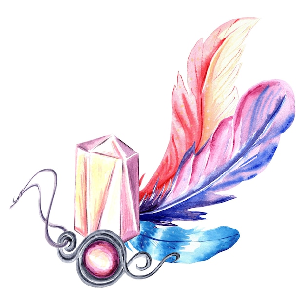 Watercolor illustration of pink crystal colorful feathers and amulet