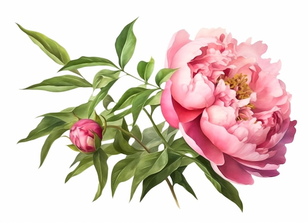 Watercolor illustration of a pink peony flower