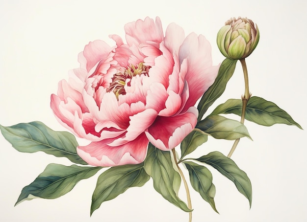 Watercolor illustration of a pink peony flower