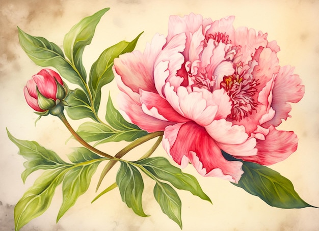 Watercolor illustration of a pink peony flower