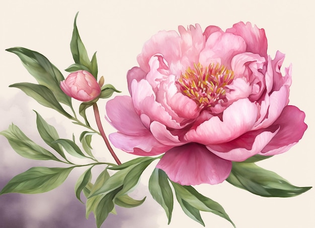 Watercolor illustration of a pink peony flower