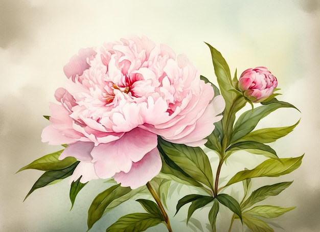 Watercolor illustration of a pink peony flower