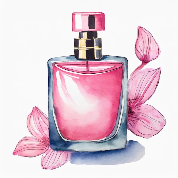 Watercolor illustration of pink perfume bottle Hand drawn art for print