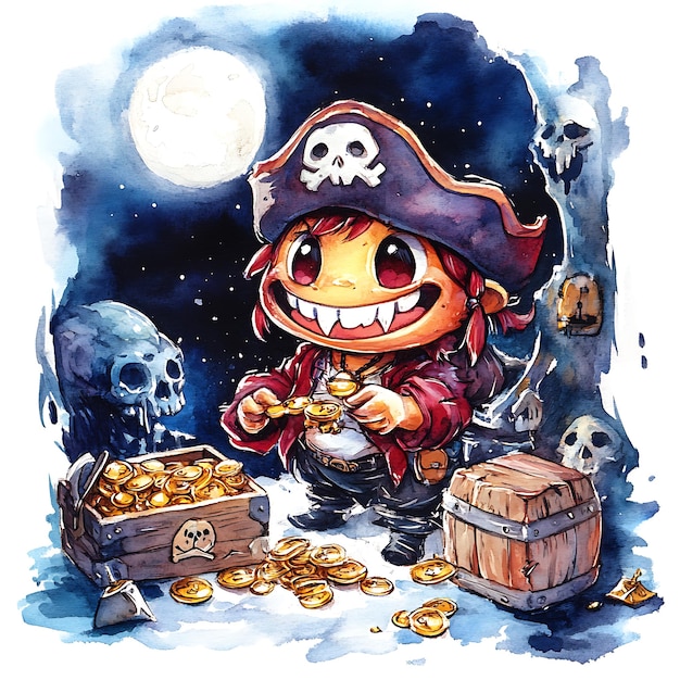 Watercolor Illustration of a Pirate Character Holding Gold Coins Against a Night Sky Background