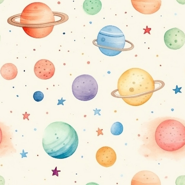 A watercolor illustration of planets with stars and the moon