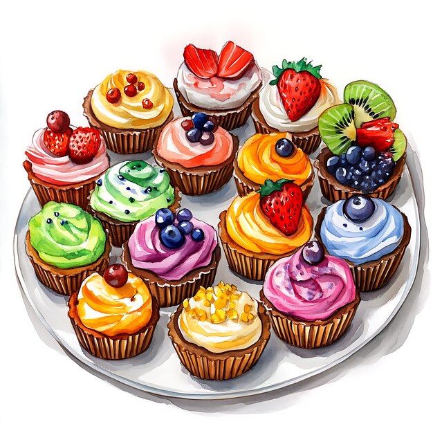 Photo watercolor illustration of a plate of colorful cupcakes decorated with fresh fruit