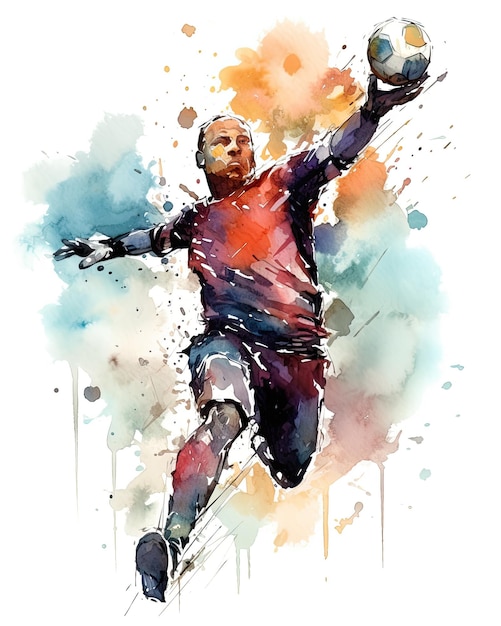 A watercolor illustration of a player in a red jersey jumping to catch a ball.