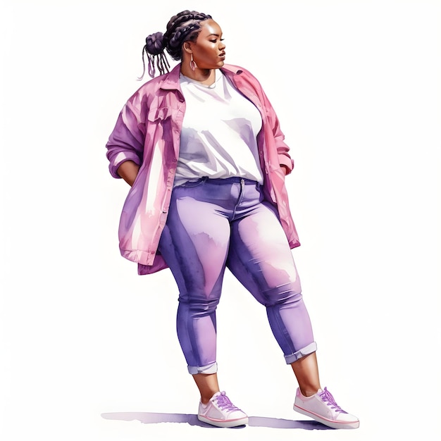 Watercolor illustration of a plus size woman wearing casual clothes and braided hair