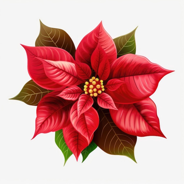 Watercolor illustration of poinsettia flower red and green leaves on a white background