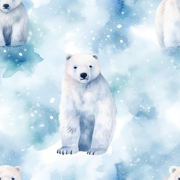 Watercolor illustration of a polar bear on a blue background