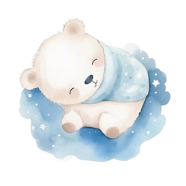 Watercolor illustration of a polar bear wrapped in a blanket.