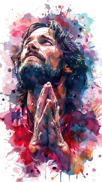 Photo watercolor illustration of praying jesus christ man with long hair and beard savior concept of faith spirituality easter divinity christian beliefs resurrection religious artwork vertical