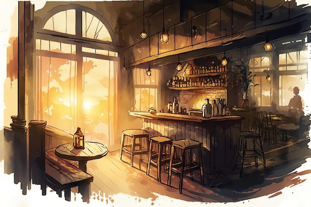 watercolor Illustration of a pub inside