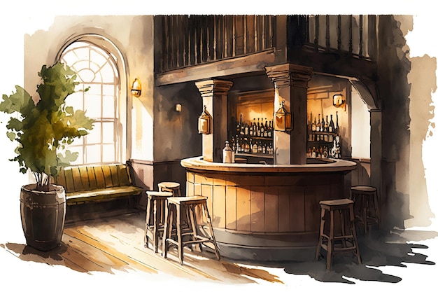 watercolor Illustration of a pub inside