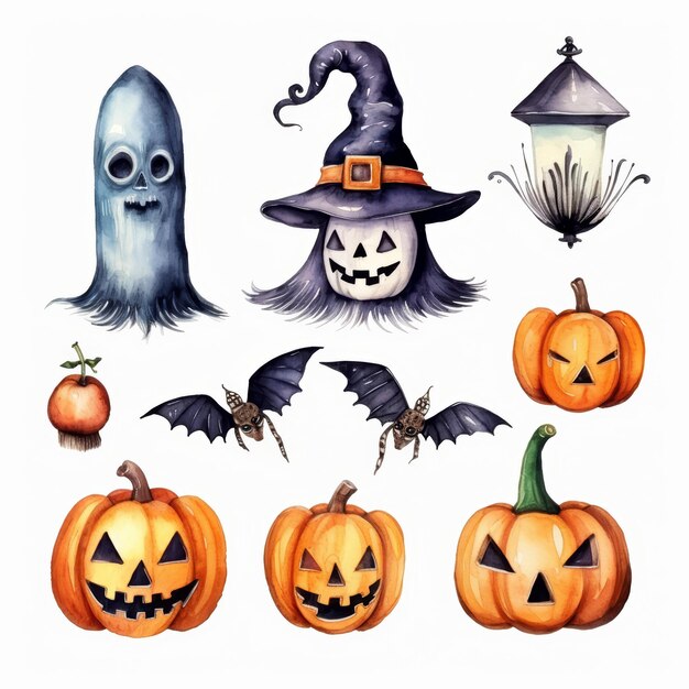 Photo watercolor illustration of pumpkins a ghost bats a witch hat and a streetlamp