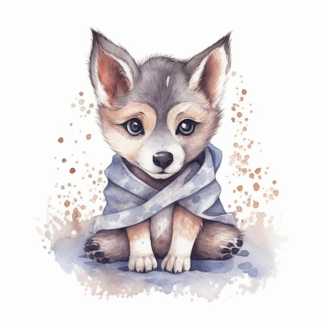 Watercolor illustration of a puppy in a shirt with a blue collar.