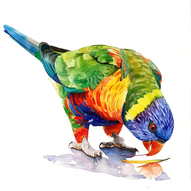 Photo watercolor illustration of a rainbow lorikeet eating a leaf