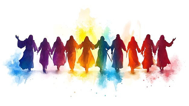 Photo watercolor illustration of a rainbowcolored group of figures walking together