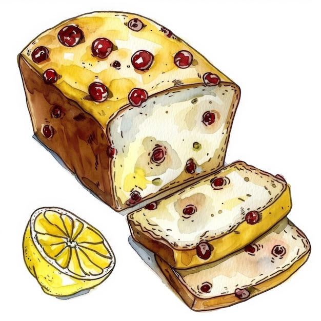 Watercolor Illustration of a Raspberry Almond Loaf Cake