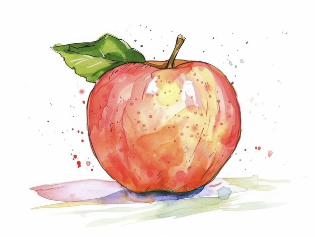 Photo watercolor illustration of a red apple with leaf