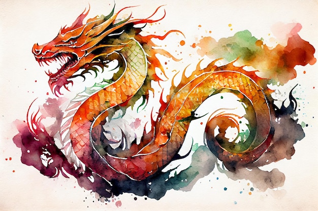 Watercolor illustration red dragon Generative AI Generative AI