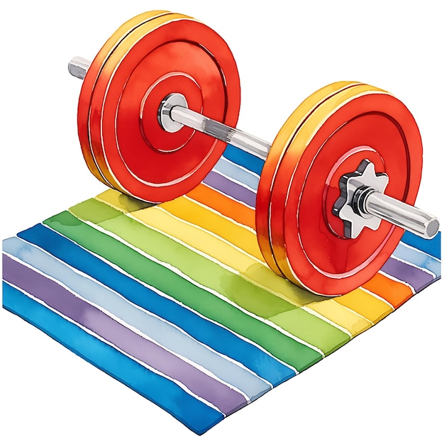 Photo watercolor illustration of a red dumbbell on a rainbow mat