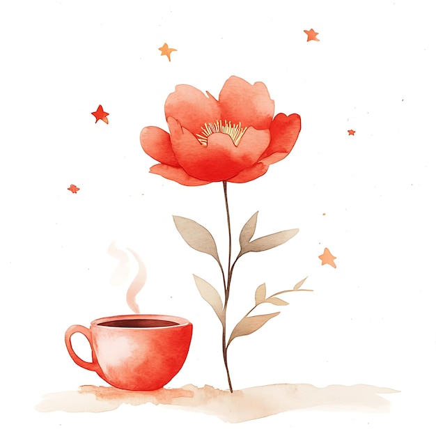 Watercolor Illustration of a Red Flower Coffee Cup and Stars