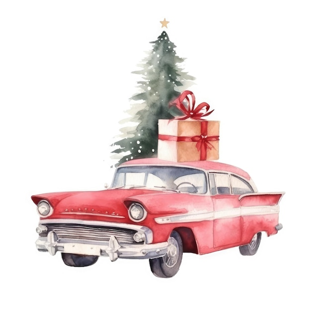 Watercolor illustration of red retro car with christmas tree anf gift boxes