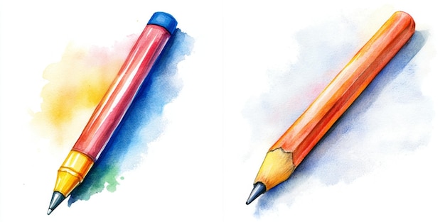 Photo watercolor illustration of a red and a yellow pencil