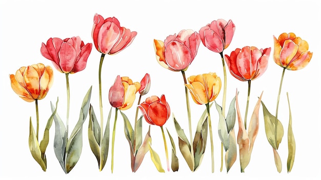 Watercolor illustration of red and yellow tulips