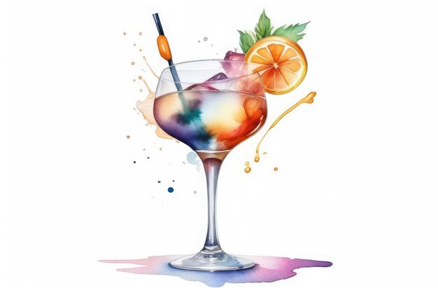 watercolor illustration of refreshing cocktail alcohol drink in glass with orange slice leaves