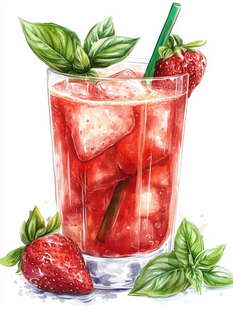 Watercolor Illustration of a Refreshing Strawberry Basil Drink