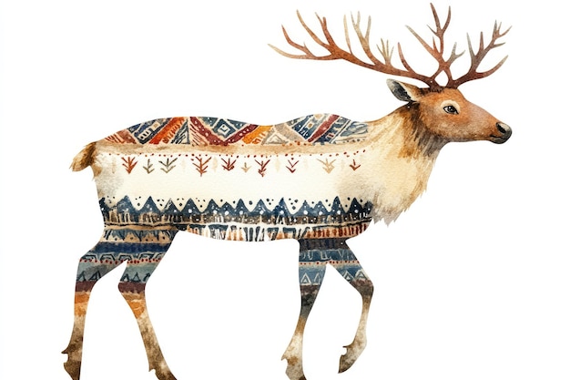 Photo watercolor illustration of a reindeer with geometric pattern