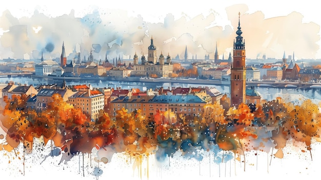 Watercolor Illustration of Riga Latvia With Autumn Trees and River