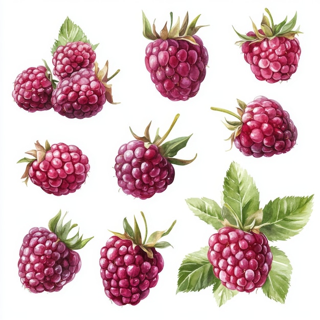 Photo watercolor illustration of ripe raspberries with green leaves