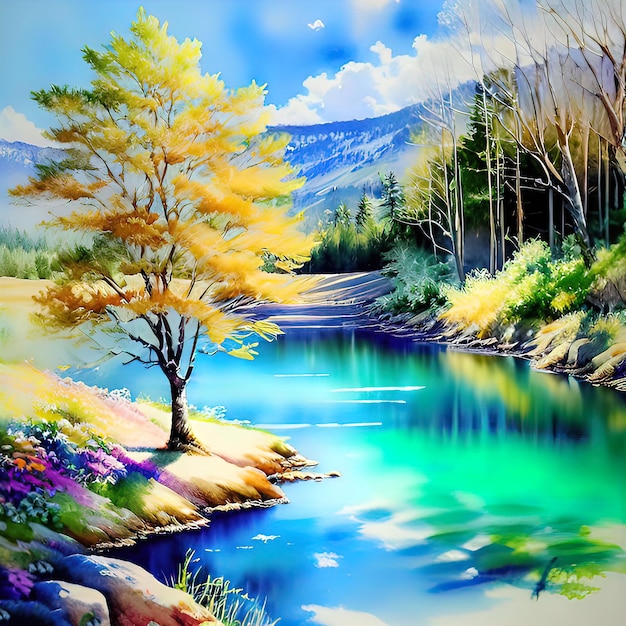 Watercolor illustration romantic beautiful landscape with mountains and forest background