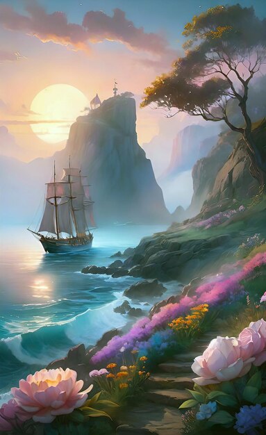 Watercolor illustration romantic beautiful seaside landscape with sailing ship and moon