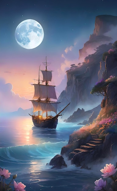 Watercolor illustration romantic beautiful seaside landscape with sailing ship and moon