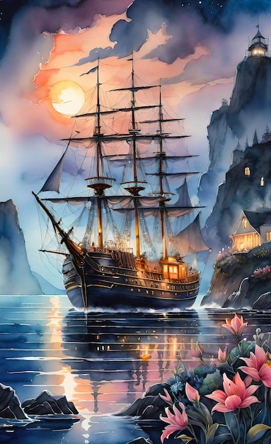 Watercolor illustration romantic beautiful seaside landscape with sailing ship and moon